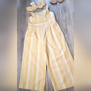 Tommy Bahama girls mustard yellow & white striped jumpsuit, Size 5 & headband